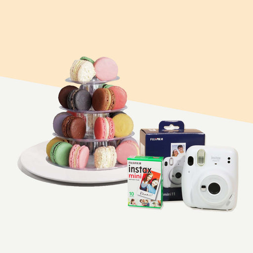 Elevete Patisserie macaron tower of 25 pieces, with an Instax mini camera and film