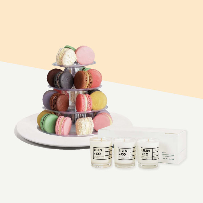 Elevete Patisserie macaron tower of 25 pieces with Lilin+Co scented candles