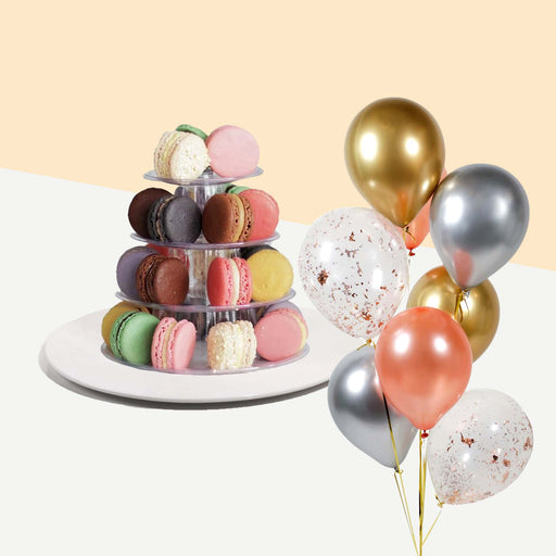 Elevete Patisserie macaron tower of 25 pieces and a bundle of balloons