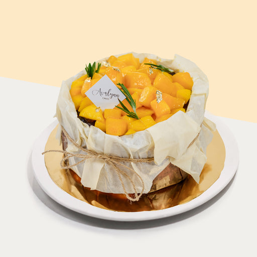 Burnt cheesecake wrapped in baking baker and rustic string, topped with diced mangoes