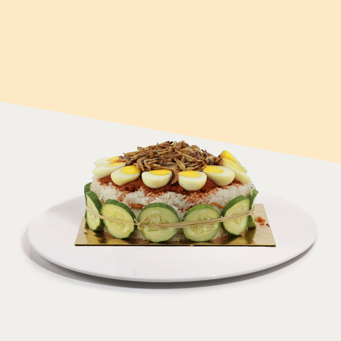 12 inch Nasi Lemak cake with sambal, boiled eggs, anchovies and cucumber slices