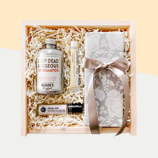 New mom gift box, with Handmade Heroes dry shampoo, nipple cream, sleep aid essential oils and lactation cookies