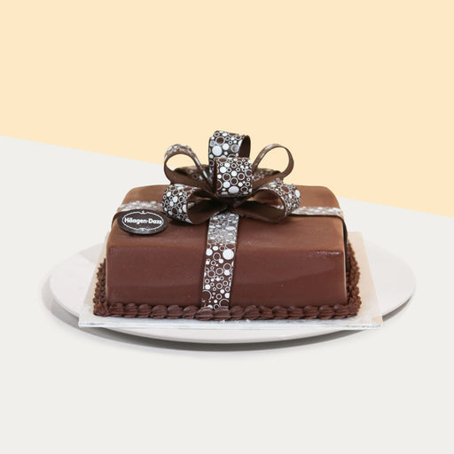 Haagen Dazs Perfect Gift chocolate ice cream cake with ice cream glaze, decorated with chocolate ribbon