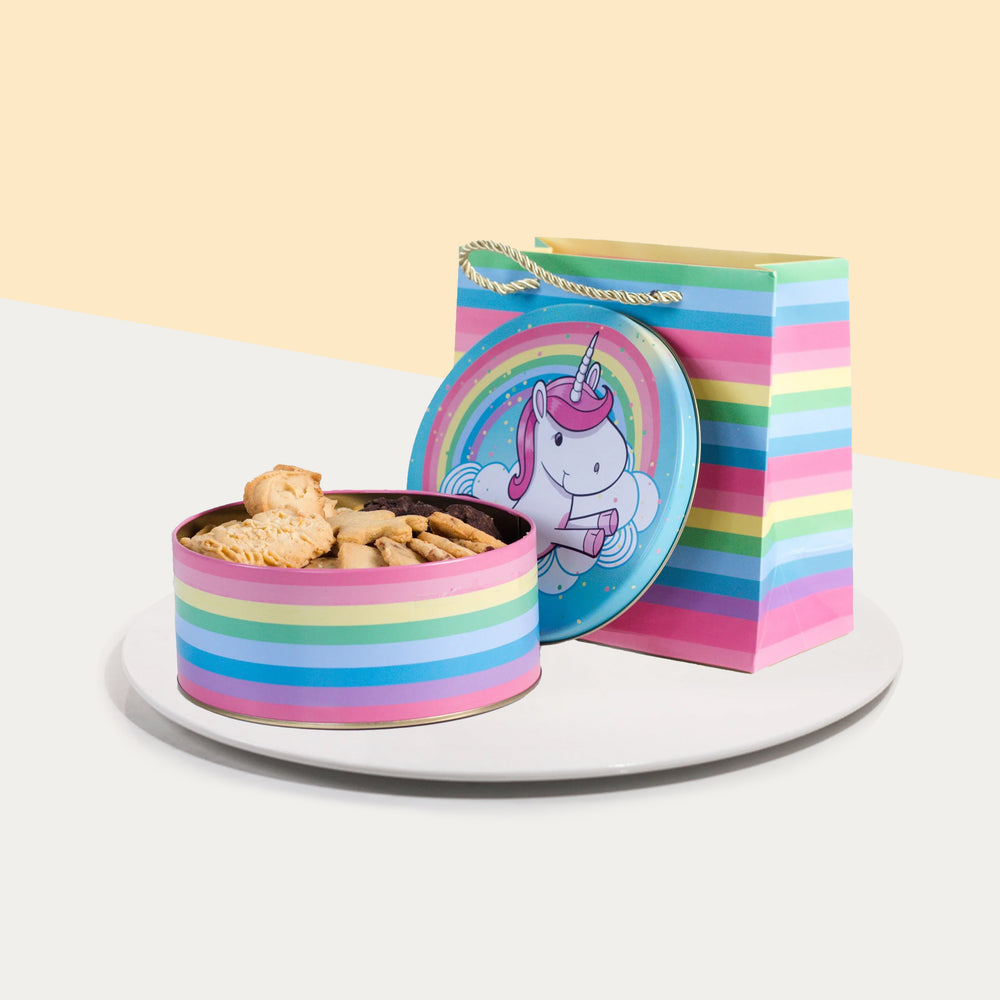 Unicorn cookie tin with butter cookies