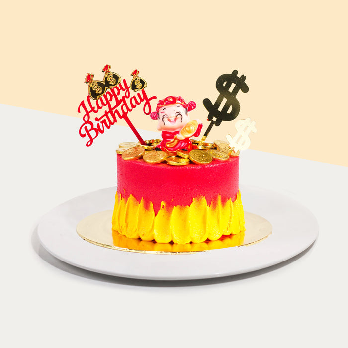 Prosperity themed cake, with a prosperity god topper