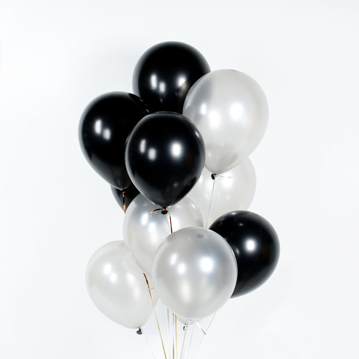 Metallic silver and black balloons