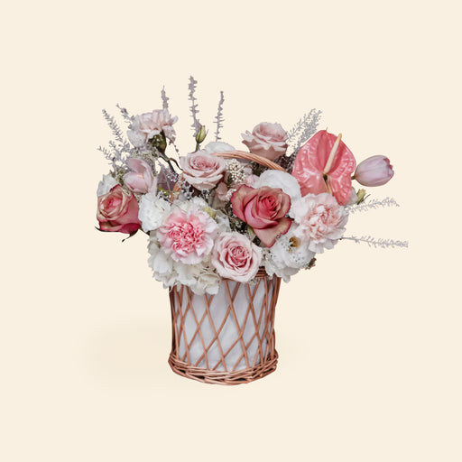 Flower basket arrangement with Carnations, Vintage Roses, Quicksand Roses and Eustomas
